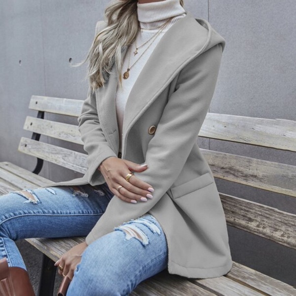 khaki hoodie double breasted fall button pea coat - Picture 10 of 10